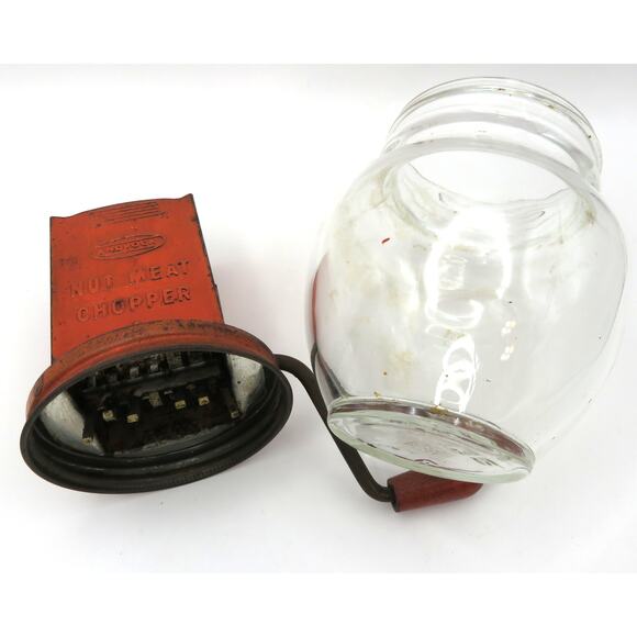 Vintage Androck Nut Meat Chopper with Glass Jar Red Metal Top Farmhouse Kitchen - Picture 5 of 15
